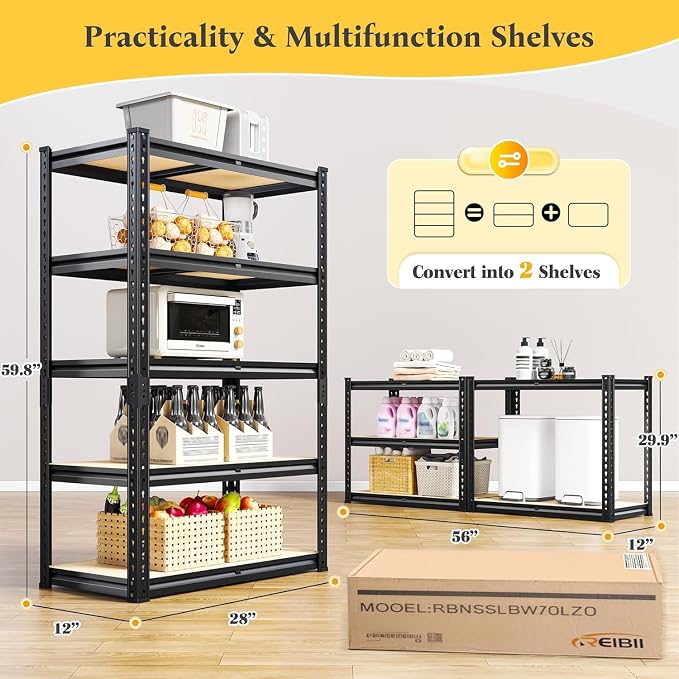 5 Tier Storage Shelves 2020LBS Garage Shelving,Adjustable Heavy Duty Metal Shelving Unit Utility Rack for Garage,Kitchen Pantry Shelf for Warehouse,Closet,Commercial,28" W x 12" D x 59.8" H,Black - Image 3