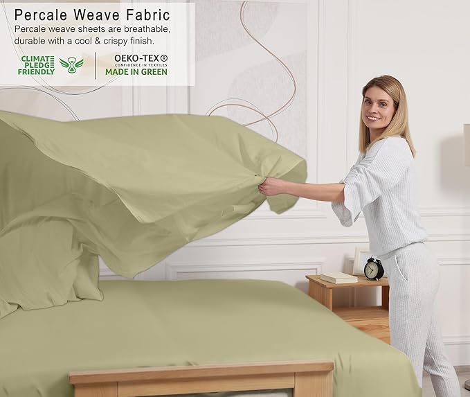 RUVANTI 100% Cotton Sheets – Twin Size Percale Bedding, Cooling & Breathable, Durable with a Crisp, Soft & Comfortable Feel, 16" Deep Pocket, 3-Piece Set, Sage Green