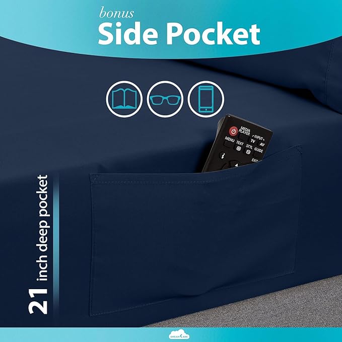 DREAMCARE Twin XL Sheet Sets - 3 pcs Breathable Cooling Bed Sheets - up to 21" Extra Deep Pocket Twin XL Sheets Set with Side Pockets - Extra Soft 100% Brushed Hypoallergenic Hotel Luxury -Navy Blue