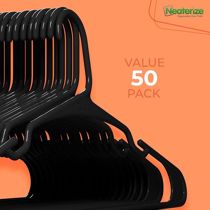 NEATERIZE Clothes Hangers Plastic 50 Pack for Adults - Plastic Hangers, The Perfect Coat Hanger and Space Saving Clothes Hangers for Closet, Percheros Ganchos para Colgar Ropa Hangars - Black Hangers - Image 7