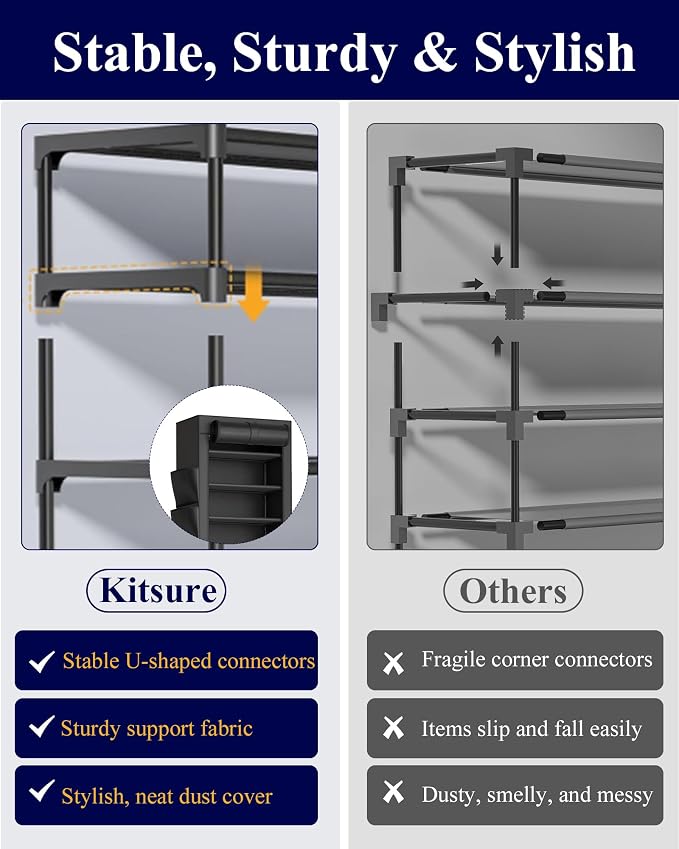 Kitsure Shoe Rack - 10-Tier Large Capacity Shoe Organizer Shelf with Dust Cover & Side Pockets, Rust-Proof Metal Shoe Rack for Closet, Entrance, Living Room, 17.5" x 12.4" x 69.3", Black - Image 6
