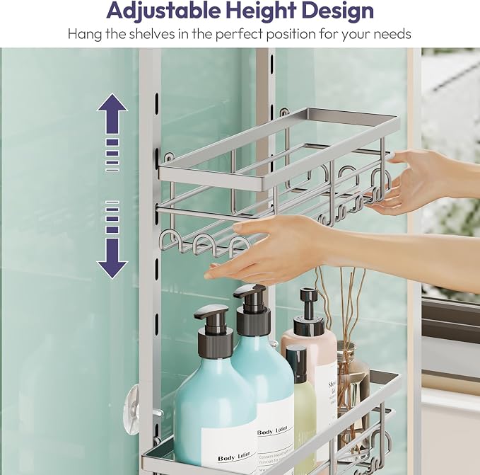 SWTYMIKI Over The Door Shower Caddy - 4 Tier Rustproof Hanging Shower Organizer with Adjustable Shelves, 40 Hooks & Soap Holder, Hanging Shower Rack Storage for Bathroom Accessories, Silver - Image 2