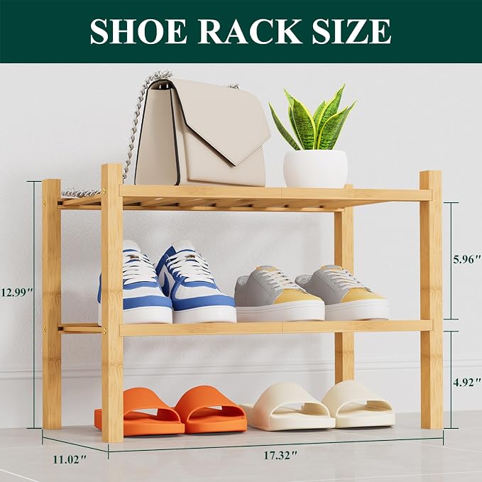 Smiry Shoe Rack, 2 Tier Thick Small Bamboo Shoe Organizer, Stackable Free Standing Wooden Shoe Storage Shelf for Closet, Entryway, Front Door Entrance, Natural - Image 2