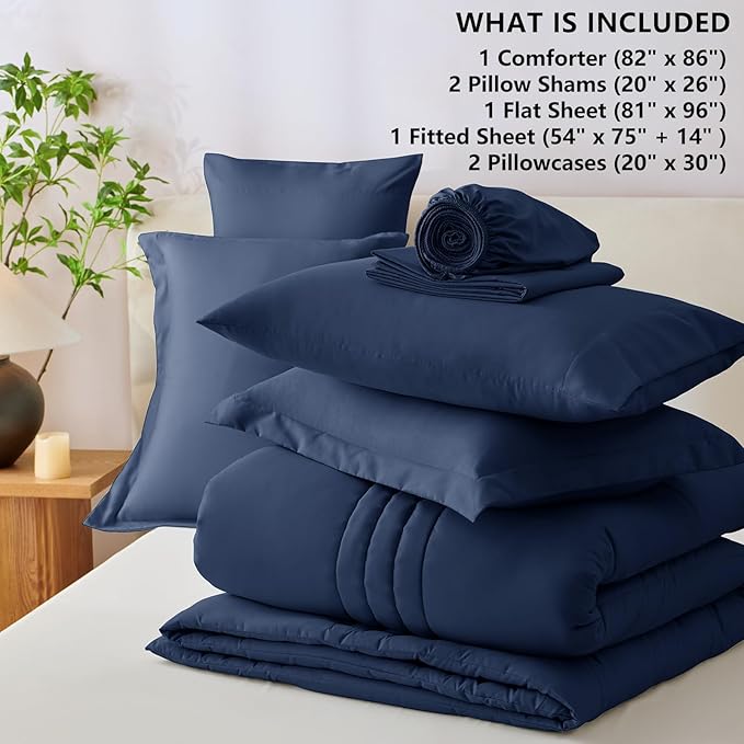 CozyLux Full Size Comforter Sets - 7 Piece Bed in a Bag Navy Blue Comforter Set with Sheets Bed Set All Seasons, Soft Bedding Set with Down Alternative Comforter, Sheets, Pillowcases & Shams