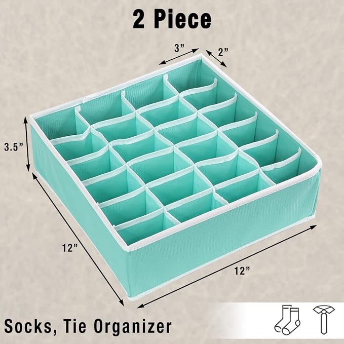 Simple Houseware 2 Pack Closet Sock Organizer, 24 Cell Drawer Divider, Turquoise - Image 2