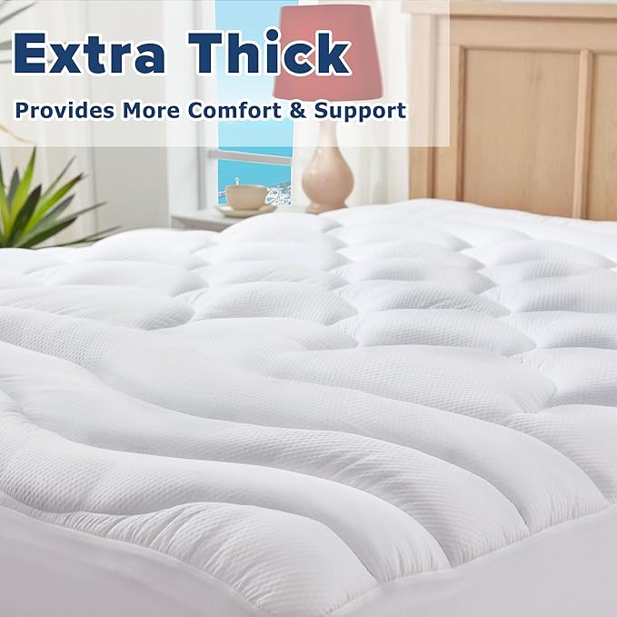 Twin Size Mattress Pad for Pain Relief, Pillow Top Cooling Twin Mattress Topper for Single Bed, Thick Fluffy Mattress Protector Cover Quilted Fitted Deep Pocket (39x75 inch, White)