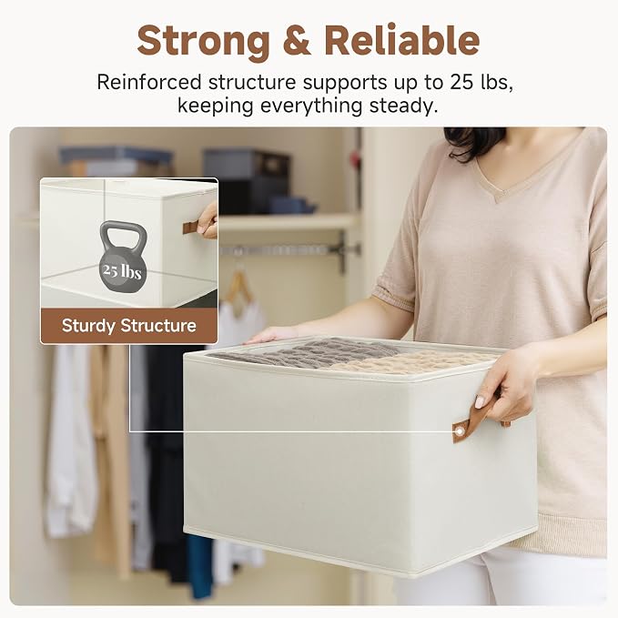 StorageWorks Foldable Storage Bins with PU Handles, Closet Storage Baskets, Fabric Bins for Clothes Storage, Ivory White, 3-Pack, Extra Large - Image 5