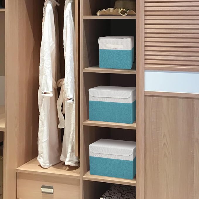 Bagnizer Large 22 Quart Linen Fabric Foldable Storage Bin Cube Organizer Basket with Flip-Top Lid & Handles, Clothes Blanket Box for Home, Office, Closet, Teal & White, 4 Pack 14.6 x 9.5 x 9.5 - Image 6