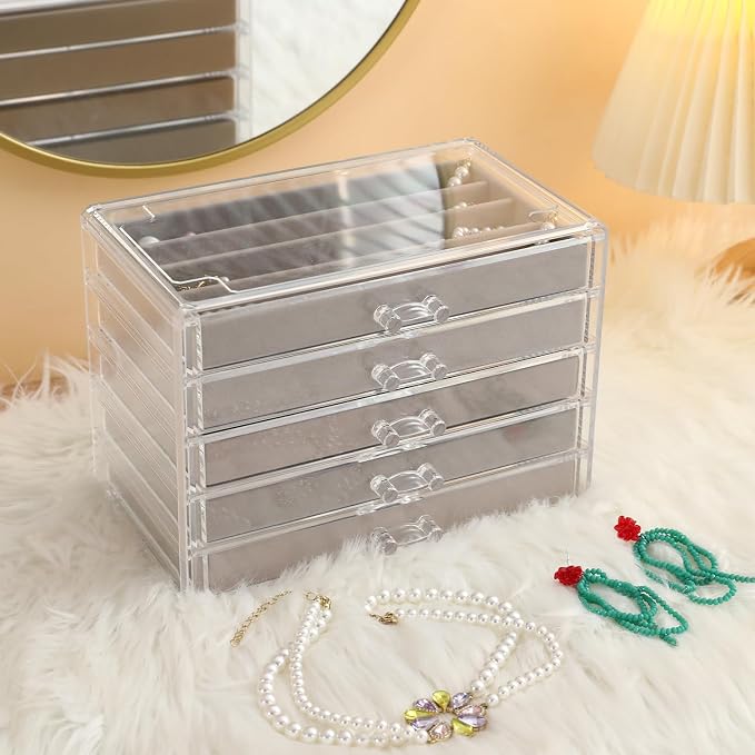 5 Drawerss Necklace Organizer Box, Tray with Clear Lid, Dustproof Velvet Necklaces Holder Storage Display Case, Gery Necklace Tray Drawer Insert for Pendant Suitable for Women and Girls (25 grids) - Image 2