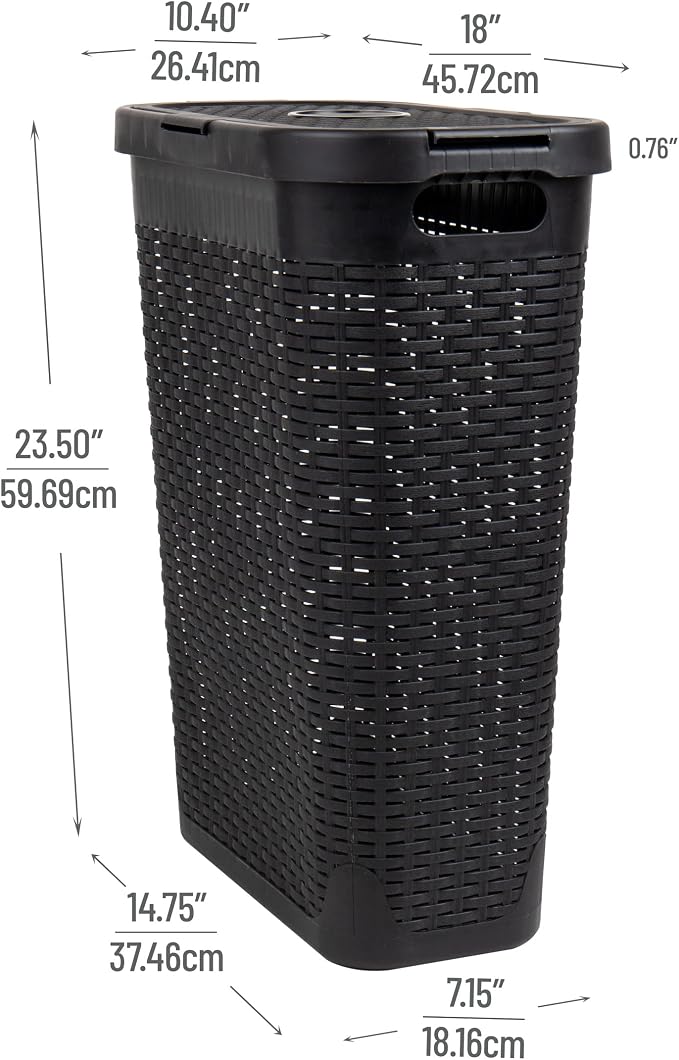 Mind Reader Slim Laundry Hamper with Lid, 40L Clothes Basket, Narrow Tapered Design with Ventilated Cutout Pattern, Plastic, Set of 2, Black - Image 3