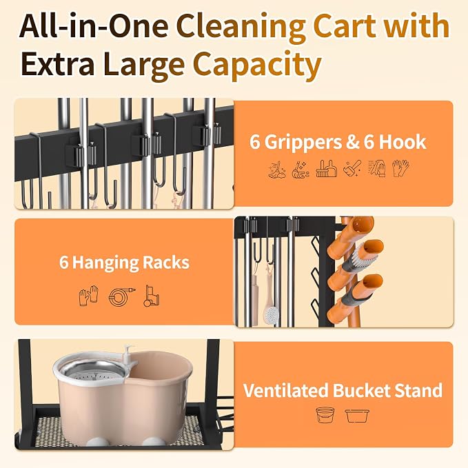 Broom Holder with Cleaning Supplies Organizer Load 160 LBS Cleaning Cart with Wheels Broom Closet Storage with 6 Mop Hanger Grippers, 3 Double-Hooks, Vacuum Stand for Laundry Garage Organization - Image 4