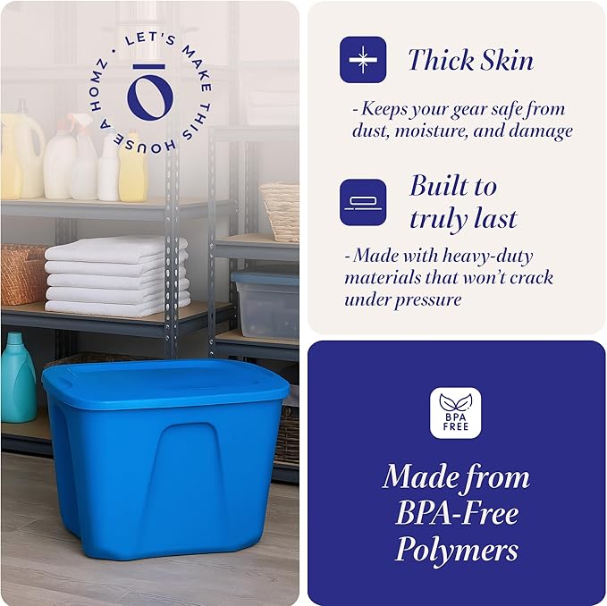 HOMZ 4-Pack Durable Molded Bin, Plastic Storage Containers w/Lids, 10 Gallon, Blue - Stackable Organizer Totes and Boxes for Bedroom, Kitchen, and Garage Organization