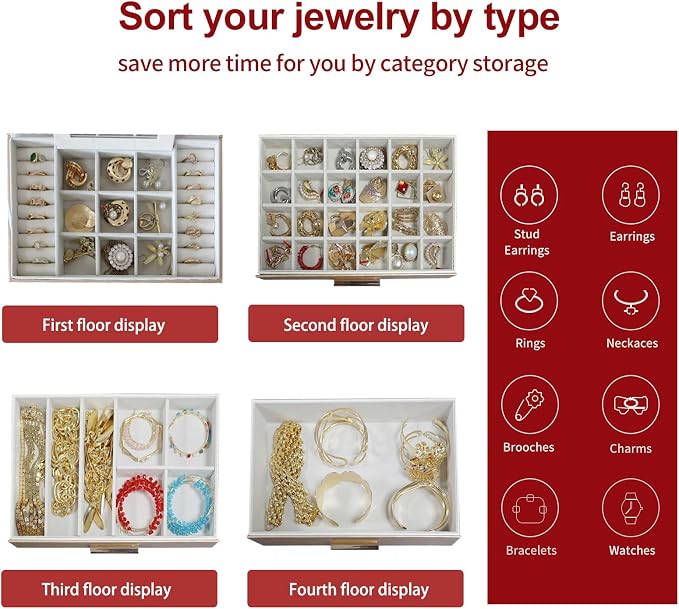 BOOVO Jewelry Boxes for Women, White and Black 6 Layer Large Jewelry Box for Necklace, Bracelet, Earrings, Rings Storage, Jewelry holder Organizer for Girls Gift (Gold, 4 layer) - Image 3