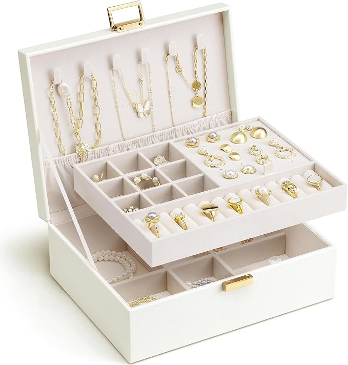 VLANDO Jewelry Box for Women, Gift for Women Girls,2 Layer Jewelry Box,Large Jewelry Organizer for Women Removable Jewelery Tray for Necklace Earrings Rings(Cream White) by VLANDO