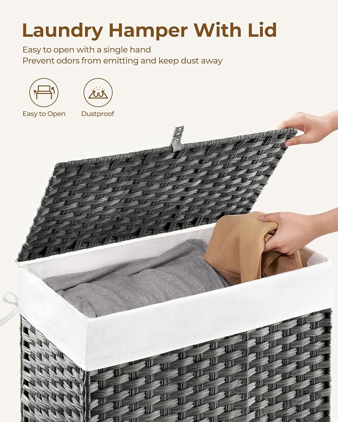 Greenstell Laundry Hamper with Lid, 125L Laundry Basket with 2 Removable Liner Bags & 2 Mesh Bags, Handwoven Synthetic Rattan Clothes Hamper for Clothes, Toys in Bathroom, Bedroom, Foldable, Grey - Image 5
