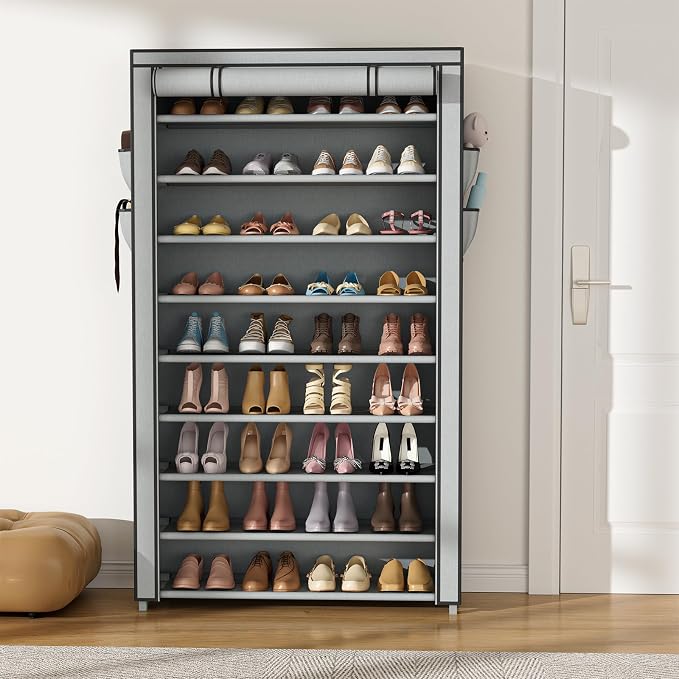 VILICK Shoe Rack with Cover Narrow Shoe Organizer with Pockets 10 Tier Tall Shoe Storage Holds 36-41 Pairs Shoes and Boots Shoe Rack for Closet Entryway Garage, Grey - Image 2