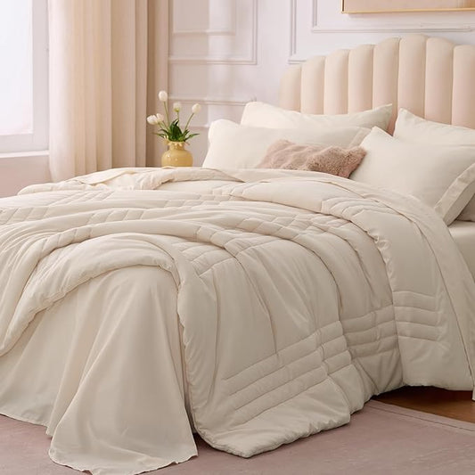King Comforter Set Beige - Bed in a Bag King Size 7 Pieces, Soft Bedding Set for All Seasons, Premium King Comforter Set with Comforter, Sheets, Pillowcases & Shams
