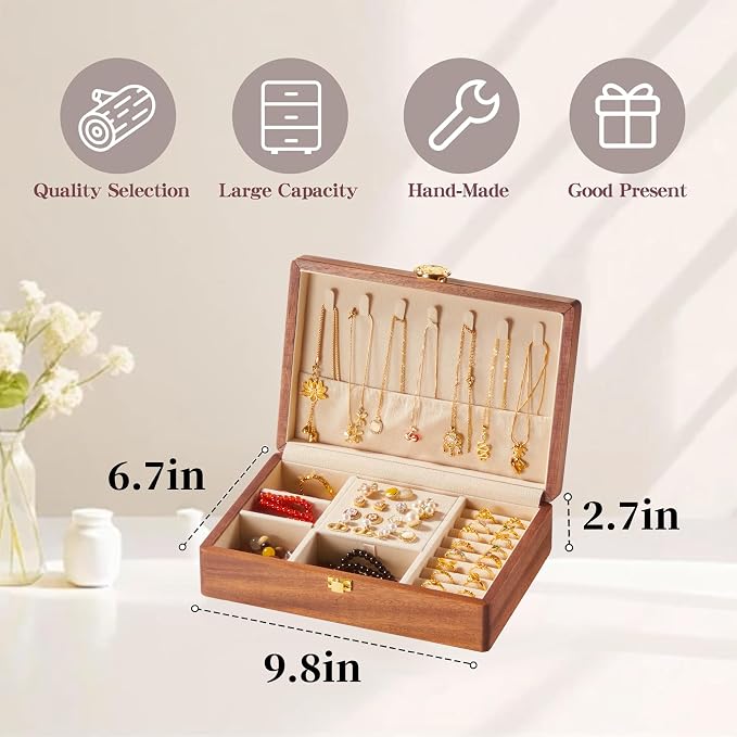 Travel Jewelry Case Small Wood Jewelry Organizer Jewelry Box for Women (Nut-Brown Print C) - Image 3
