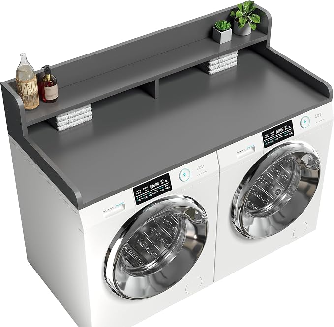 2-Tier Washer Dryer Countertop with 2.75" H Edge Rails, 58" W x 28" D Laundry Countertop for Folding Clothes, Washer and Dryer Topper with Non-Slip Pad (Gray) by Corbyles
