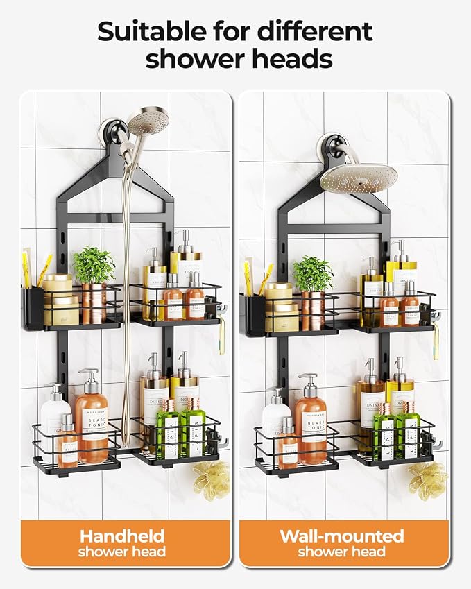 ODesign 2 Tier Height-Adjustable Shower Caddy Hanging Anti-Swing-Over The Shower Head Caddy Storage Organizer Bathroom Shelves Basket-Black - Image 5