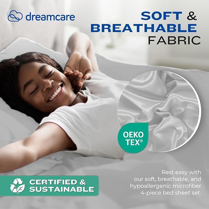 DREAMCARE Twin XL Sheet Sets - 4 pcs Breathable Cooling Bed Sheets - up to 15" Deep Pocket Twin XL Sheets Set with Side Pockets -Extra Soft 100% Brushed Hypoallergenic Hotel Luxury Bedding -Light Gray