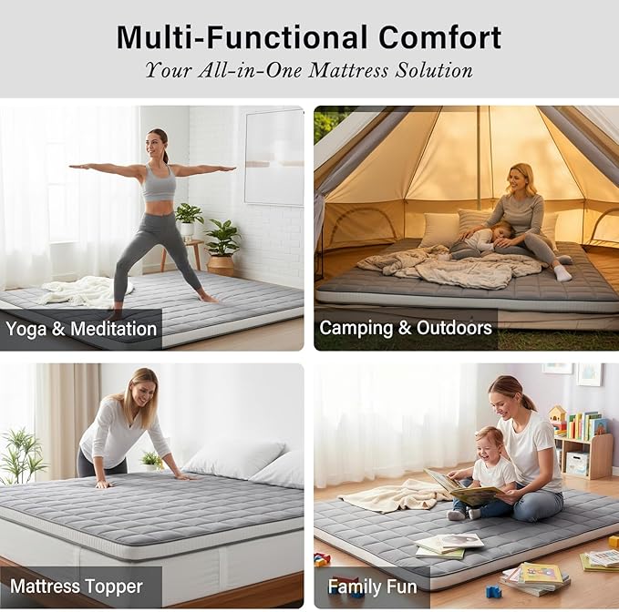 Tiita Japanese Floor Mattress Futon Mattress 4” Thick Folding Roll Up Sleeping Pad with Bag & Strap, Bed Topper Mat for Guest, Lounger and Travel, Grey,Full Size