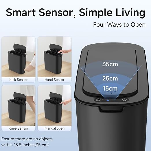 TIPGO Automatic Motion Sensor Bathroom Trash Can with Lid, 2.6 Gallon Touchless Trash Bin, Smart Garbage Can Plastic Slim Wastebasket for Bedroom, Office, Dorm (Black) - Image 4