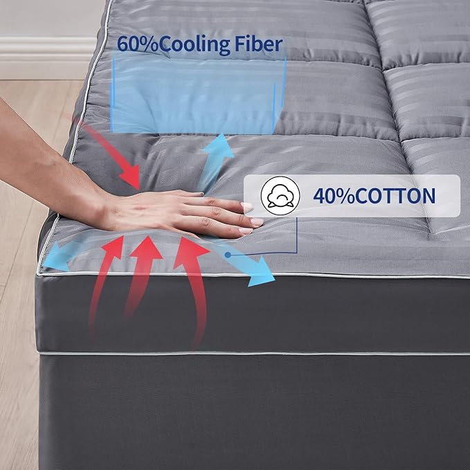 TopTopper Mattress Topper Queen, Extra Thick Cooling Mattress Pad Cover for Back Pain, Breathable Mattress with 8-21" Deep Pocket, 5D Snow Down Alternative Overfilled Plush Pillow 60"x80" Dark Grey
