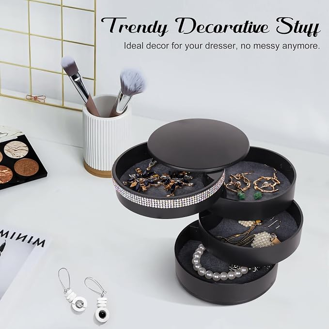 CONBOLA Jewelry Holder Organizer, Christmas Gifts Ideas for Women, Small Jewelry Storage Box Earring Holder, 5-Layer Rotating Jewelry Storage Tray with Lid for Bracelets Rings Bracelets - Image 5