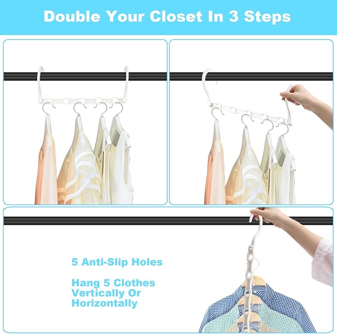 DUCOO Space Saving Hangers 10 Pack, Heavy Duty Magic Cascading Hanger Organizer with 5 Enclosed Anti-Slip Holes, Closet Organizers and Storage for Clothes, College Dorm Room Essentials, White - Image 4