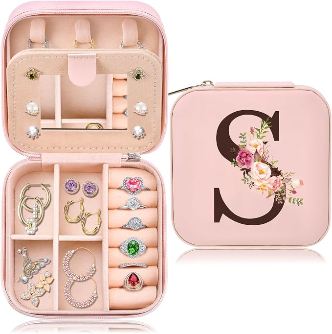 Inngeroo Mothers Day Mom Gifts for Wife Daughter Grandma, Travel Jewelry Case Box Organizer, Personalized Gifts for Women Teen Girls Mom Aunt Sister, Bridesmaid Gifts Traveling Essentials, Initial S by Inngeroo