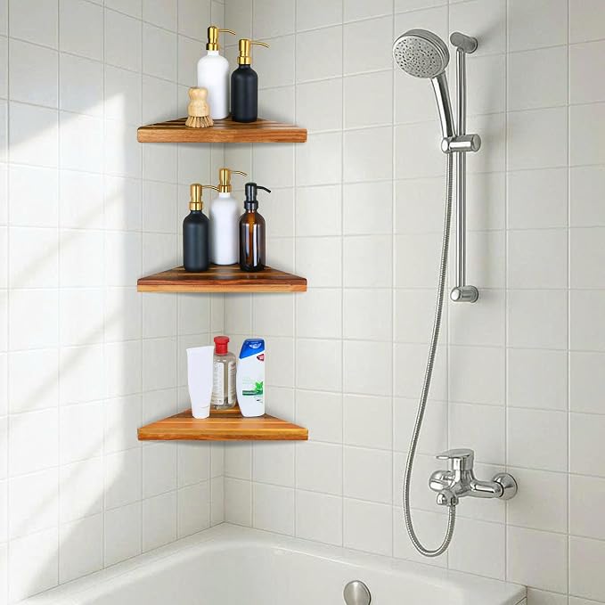 ENKEZI Acacia 2,3 Tiers Corner Shower Shelf, Triangular Corner Shelf Wooden Bathroom Shelf for Tiled Wall, Shower Corner Shelf, No Drilling Requied (3) - Image 6