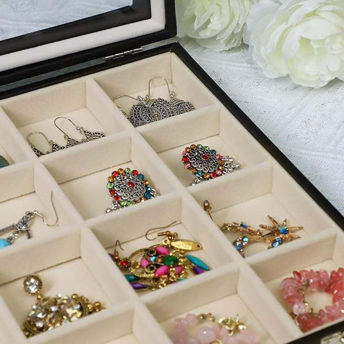 Stratalife Jewelry Tray 24 Grid Earring Organizer with Clear Lid Jewelry Holder Organizer Jewelry Organizer Box Jewelry Storage Crystal Holder For Stones Display (Beige Black) - Image 2