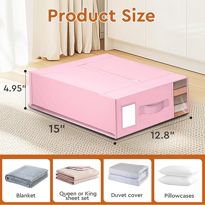 StorageTastic 8 Pack Bed Sheet Closet Organizers and Storage,Sturdy Foldable Storage Containers with Window and Label,Storage and Organization for Bedding Sheets,Duvet Covers,Blankets (Pink) - Image 2