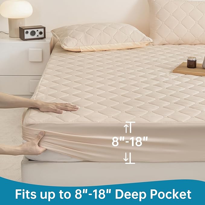 Waterproof Twin Mattress Protector, 18" Deep Pocket Mattress Topper - Lab Tested Leakproof, Oeko-TEX Certified, Breathable & Noiseless, Machine Washable,Fitted Twin Sheets Only (Khaki)