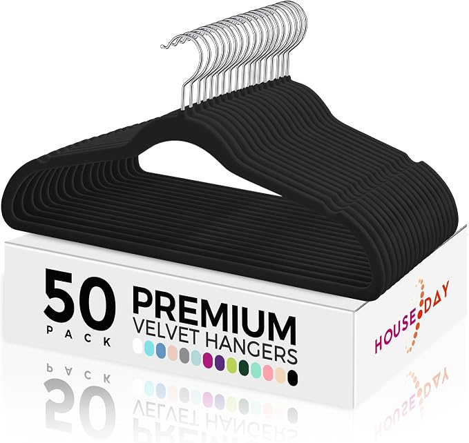 HOUSE DAY Premium Velvet Hangers 50 Pack Black, Non-Slip Flocked Felt Hangers, Sturdy Clothes Hangers with 360° Rotatable Hook, Heavy Duty Coat Hanger, Durable Slim Hanger for Closet Space Saving by HOUSEDAY