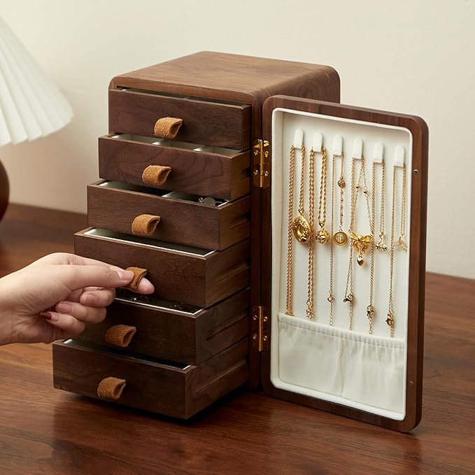 Black Walnut Solid Wood Cabinet Jewelry Box for Women, Large Velvet Lined Organizer with 6 Drawers, Cherry Wood Cat Inlays, Rosewood Handles, Gift for Her by THFLSTR