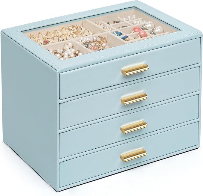 AKOZLIN Jewelry Box with Clear Lid Functional Leather Jewelry Storage Organizer Case 4 Drawers for Women Girls Necklace Ring Bracelet Earring BlueGrey by AKOZLIN