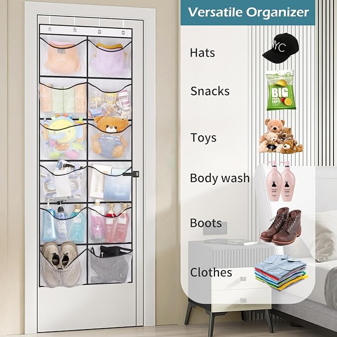 KIMBORA Over The Door Shoe Organizer 12 Large Mesh Pockets Boots Hanging Storage Shoe Rack for Closet White - Image 5
