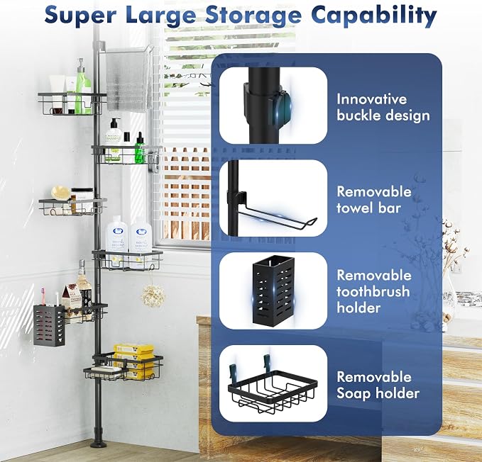 Shower Caddy Organizer Tension Pole, Rustproof 6-Pack Corner Shelf with 30-120 Inch Adjustable Shower Rack for Inside Shower, Extra Towel Bar & Soap Dish for Bathroom Organizers and Storage, Black - Image 2