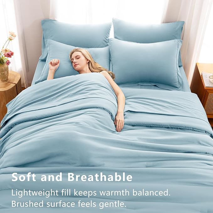 CozyLux King Size Comforter Set Light Blue, 7 Pieces Bed in a Bag King Comforter Set with Sheets, Luxury Bedding Sets with Down Alternative Comforter, Fitted Sheet, Flat Sheet, Pillowcases & Shams