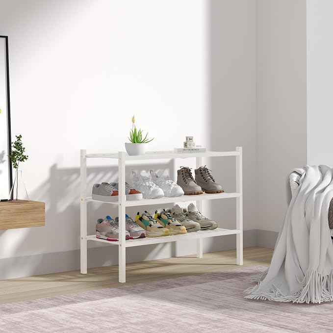 ROMGUAR CRAFT 3 Tier Bamboo Shoe Rack for Closet Free Standing Wood Shoe Shelf Storage Organizer for Entryway Small Space Stackable 27"x11"x20" (White) - Image 7