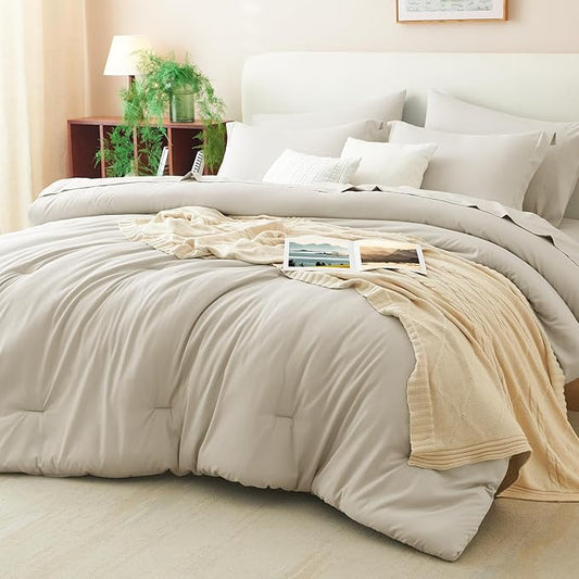 CozyLux Oversized King Comforter Set Beige, 7 Pieces Bed in a Bag Comforter Set with Sheets, Soft Bedding Sets with Down Alternative Comforter, Fitted Sheet, Flat Sheet, Pillow Shams and Pillowcases