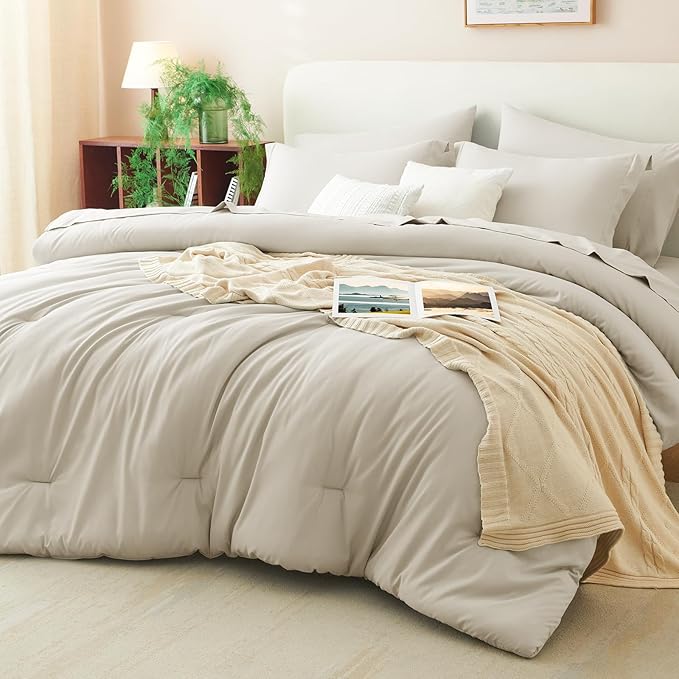 CozyLux Full Size Comforter Sets Beige, 7 Pieces Bed in a Bag Full Comforter Set with Sheets, Luxury Soft Bedding Set with Down Alternative Comforter, Fitted Sheet, Flat Sheet, Pillowcases & Shams