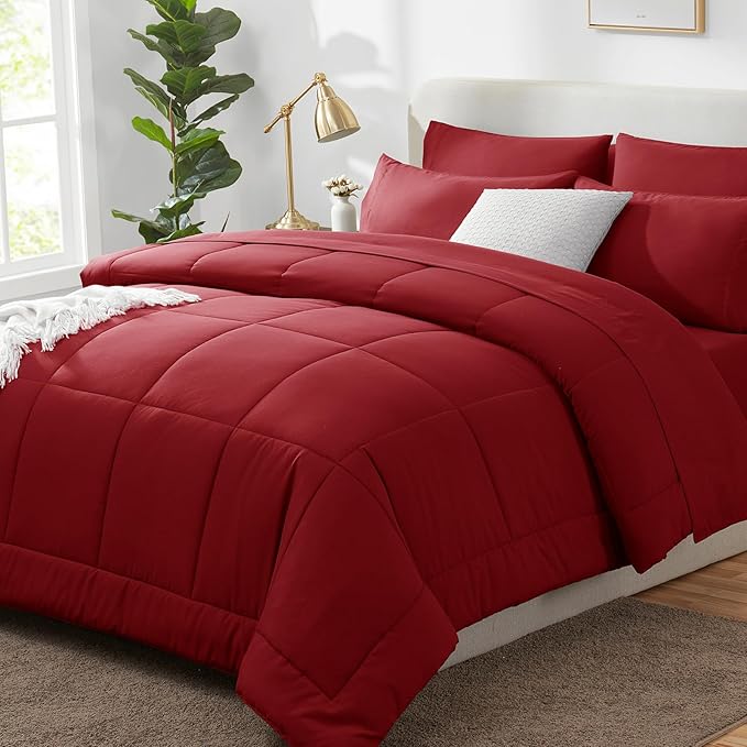 CozyLux Queen Comforter Set Dark Red, 7 Pieces Bed in a Bag, Red Comforters Queen Size, All Season Bedding Sets with Stitch Quilted Comforter, Flat Sheet, Fitted Sheet, Pillowcases