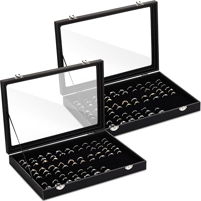 Yinkin 2 Pcs 100 Slots Ring Organizer Box with Transparent Glass Lid Necklace Display Tray Ring Case Velvet Jewelry Holder(Ring) by Yinkin