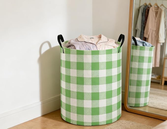 Kids Laundry Basket Grid Hamper for Nursery Green Hamper Cute Kids Storage Bin Organizer Room Decor for Home(Green Grid) - Image 3