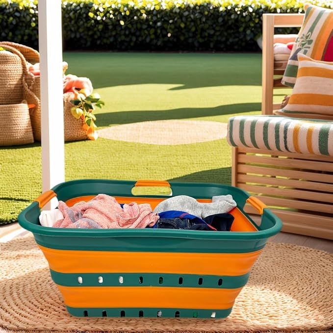 SAMMART 42L (11 gallon) Collapsible Plastic Laundry Basket - Foldable Pop Up Storage Container/Organizer - Space Saving Hamper/Basket (1, Teal Green/Autumn leaf) - Image 4