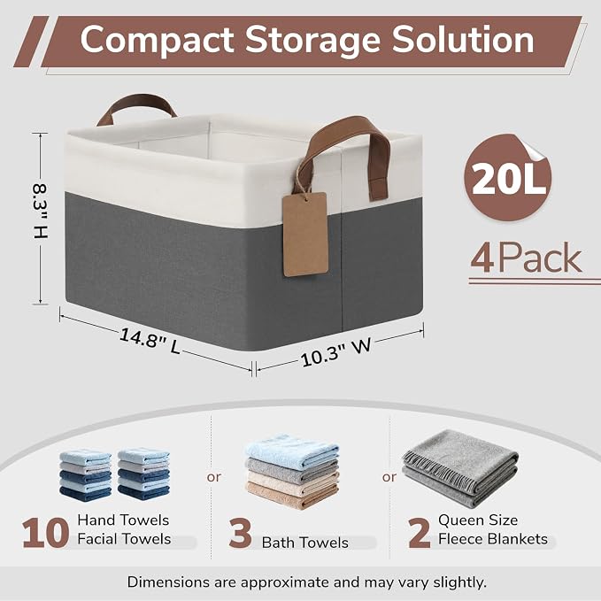 CHICVITA 4 Pack Storage Baskets for Shelves, Closet Organizers and Storage Bins with Handles, Fabric Toy Bins for Nursery Living Room, 14.8" x 10.3" x 8.3", Gray & White - Image 3