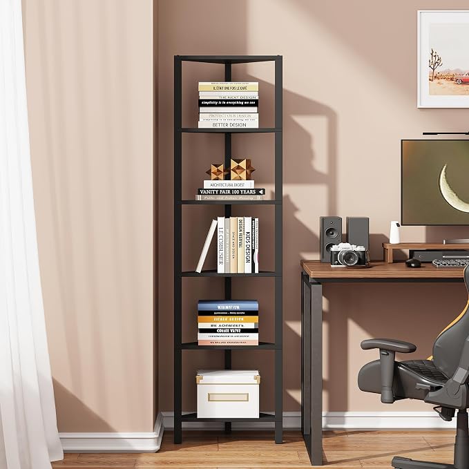 TUTOTAK Corner Shelf, 6-Tier Corner Bookshelf for Small Space, Narrow Display Corner Shelf Stand with Storage Rack, for Living Room, Bedroom, Black BS05BK006 - Image 4